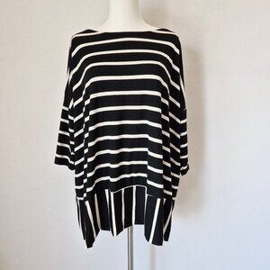ALEMBIKA Jersey Stripe Oversize Tunic Boxy Top 3/4 Sleeve Black White